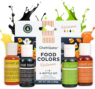 Chefmaster Halloween Colors Liqua-Gel Food Coloring Kit - Water-Based Food Coloring Gel - 4 Pack - Highly Pigmented, Create Vividly Colored Desserts, Easy-To-Blend Formula - Made in the USA