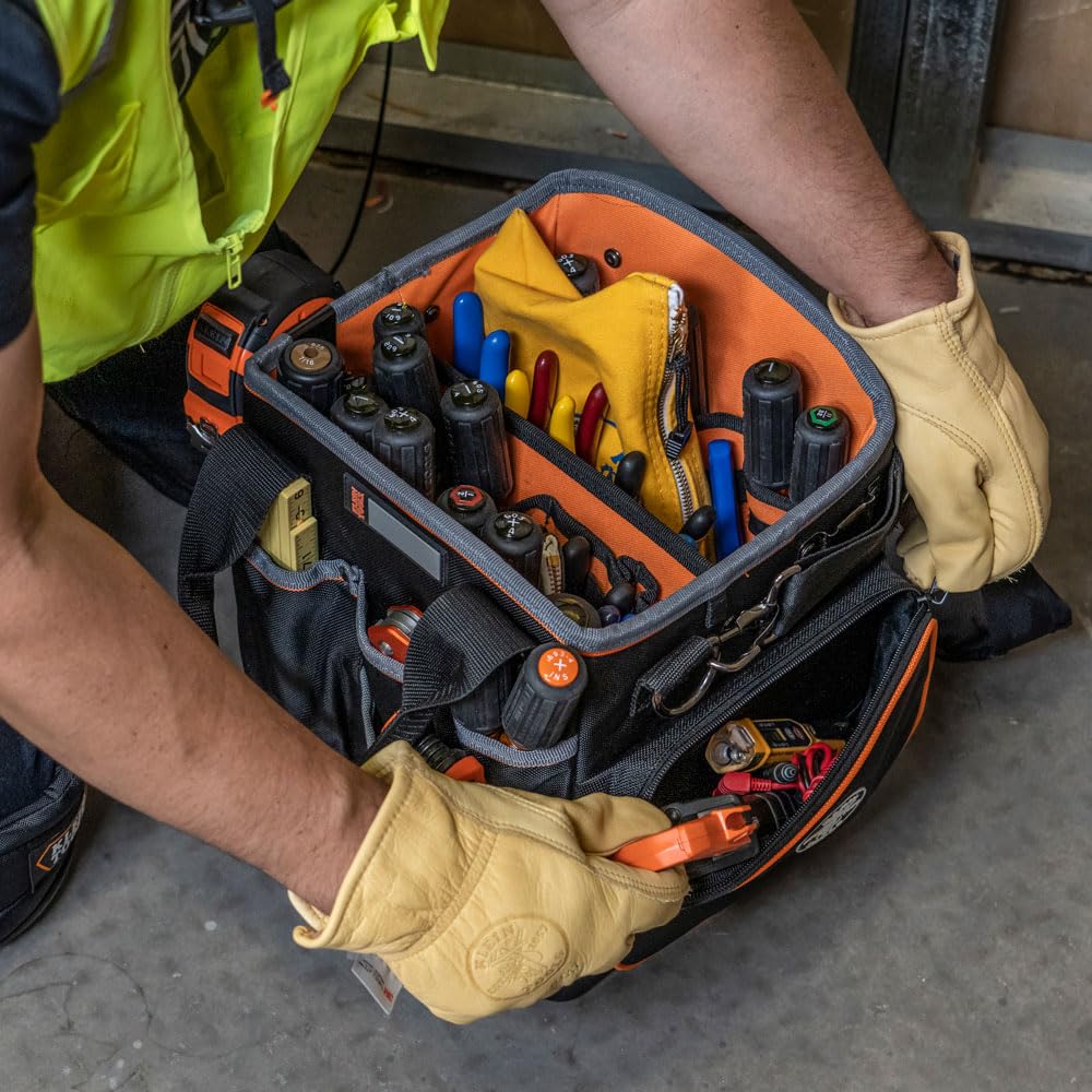Tool Bag with Shoulder Strap Has 40 Pockets for Tool Storage and Orange Interior by KLEIN TOOLS – 10-Inch Tote, Fabric, Black/Orange, Model 5541610-14