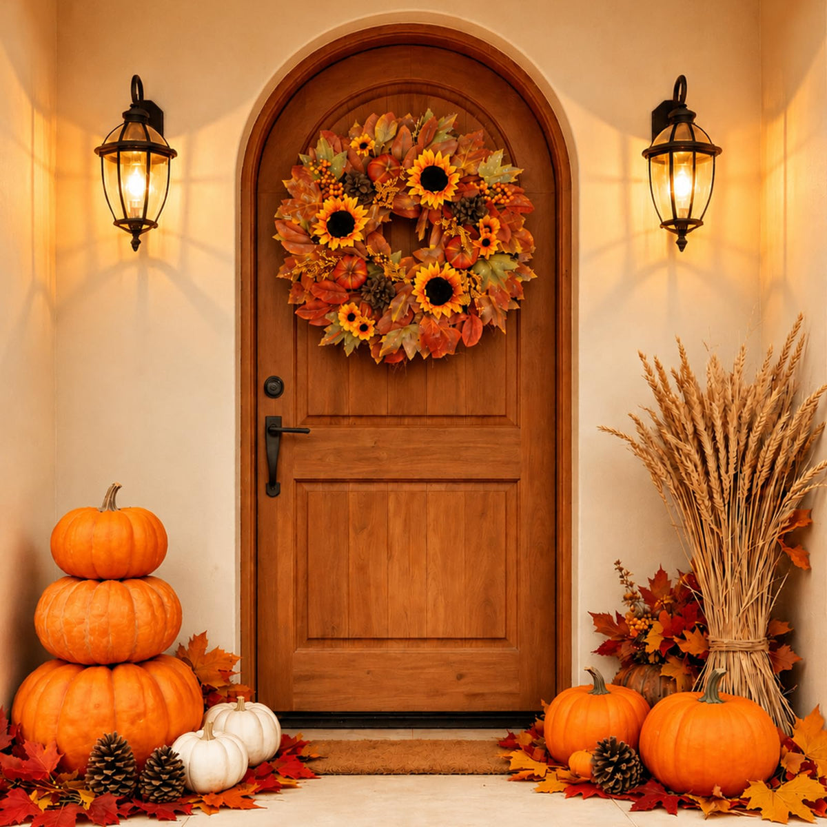 Grooy Artificial Fall Wreath, 22 Inch Diameter, Sunflower