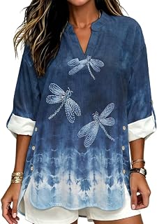 Women Linen Like Tunic V Neck Rolled 3/4 Sleeve Loose Fit Blouse for Vacation Daily Wear