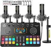 M100 Podcast Equipment Bundle for 4, Audio Interface with 4 Dynamic Mics | Dual USB-C,Noise Reduction,Voice Change, 4-Channel for Vocal Recording,Podcasting,Streaming,Gaming,TikTok,PC Phone
