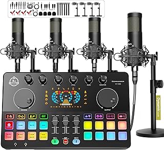 M100 Podcast Equipment Bundle for 4, Audio Interface with 4 Dynamic Mics | Dual USB-C,Noise Reduction,Voice Change, 4-Channel for Vocal Recording,Podcasting,Streaming,Gaming,TikTok,PC Phone