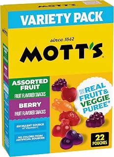 Mott's Assorted Fruit Flavored Snacks, Made with Real Fruit Puree, 22 Pack | Gluten-Free, Gelatin-Free, Fat-Free, Made with Real Fruit & Veggie Puree, No Artificial Dyes, Excellent Source of Vitamin C