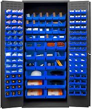 Durham 3500-138B-5295 Lockable Bin Cabinet with 138 Blue Hook-On Bins, Flush Door Style, 36" Wide, 14 Gauge, Gray