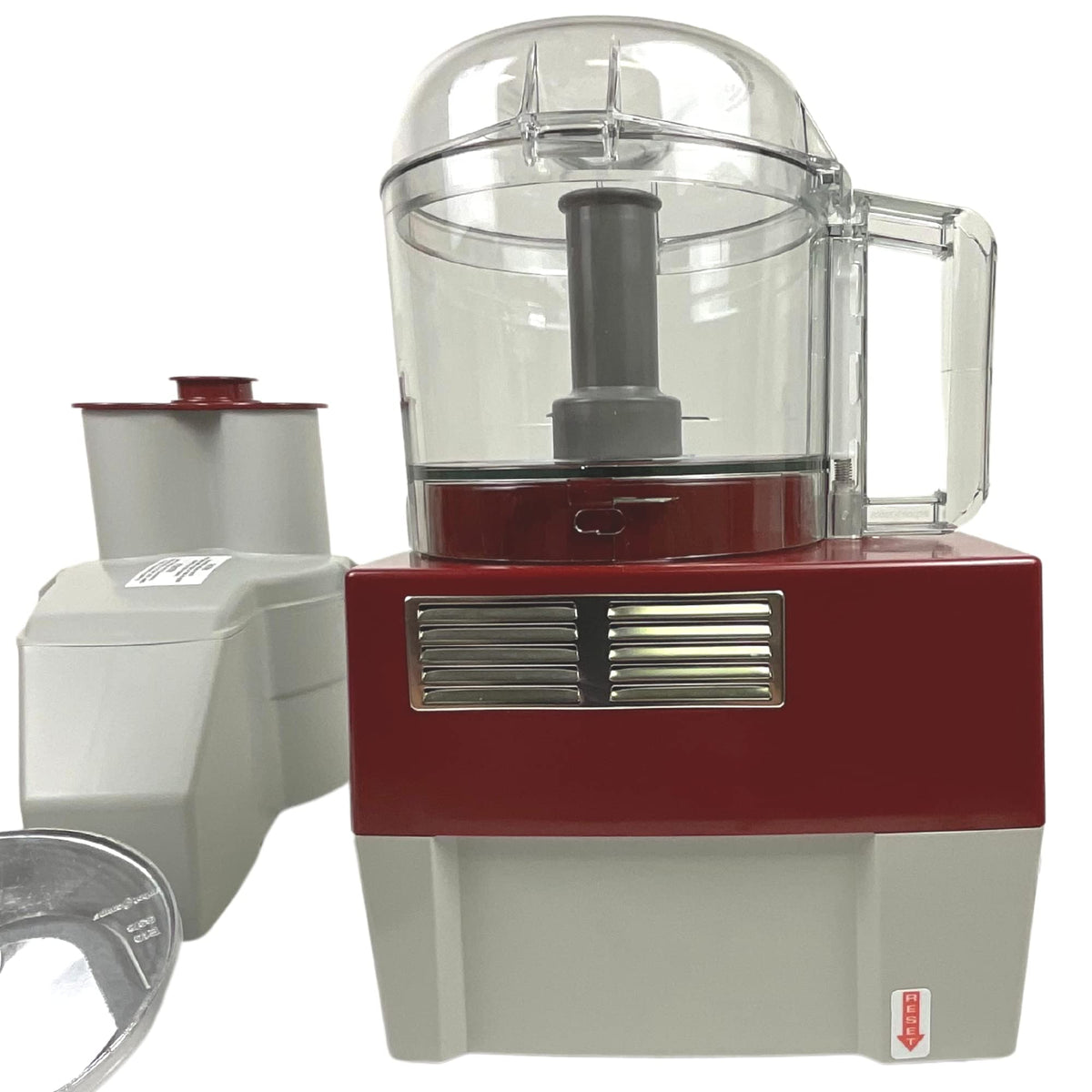 R2CLRDICE, Combination Food Processor with 3 Quart Clear Polycarbonate Bowl, 4 Stainless Discs, Pulse Control, 120v, 1725 RPM, Vegetable Chopper, Gray/Red, Commercial Kitchen Use