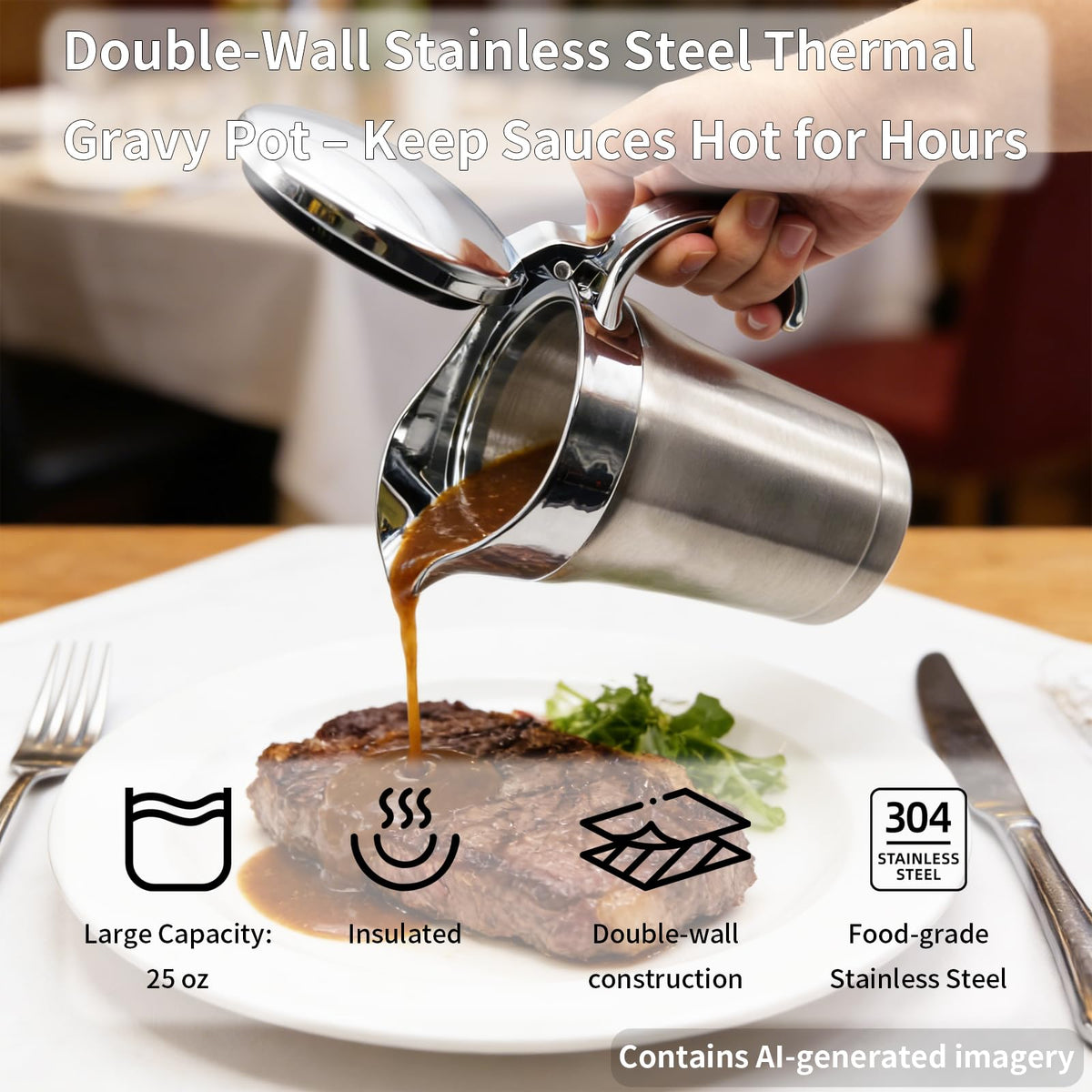 Amestar Stainless Steel Gravy Boat with Lid, 25 Oz, Silver