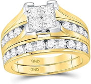 14k Yellow OR White Gold Diamond Ladies Womens Bridal Engagement Ring with Matching Wedding Band Two 2 Ring Set Invisible Solitaire Style Center Setting with Side Stones Channel Set Princess and Round Cut Diamond Ring (2.0 cttw)