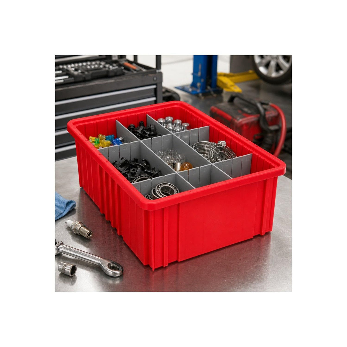 Dividable Grid Storage Container by QUANTUM STORAGE SYSTEMS – 23L x 18W x 6H, 2362.0 cubic_inches, Plastic, Red, Pack of 3