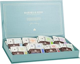 Harney & Sons Teal Tea Chest Gift, 32 Wrapped Sachets, 8 Flavors | Tea chest with 32 wrapped sachets in 8 assorted tea flavors. Refillable teal storage box.