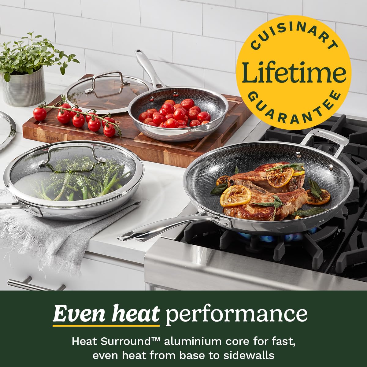 PURELYSEAR 6-Piece Stainless Steel Frying Pan Set with Glass Lids by Cuisinart – Glass 430 stainless steel, Edelstahl, Model FTPS226EU