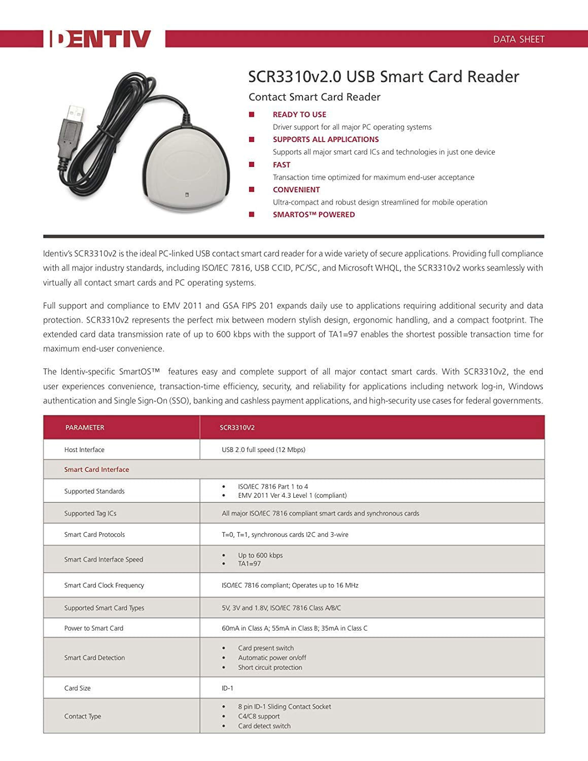 SCR3310V2 USB Smart Card Reader Writer CAC/PIV by IDENTIV – USB A, Grey