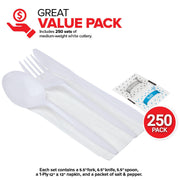 Individually Wrapped Plastic Cutlery Set with Napkin + Salt & Pepper Packets in White (250 Count) Prewrapped Disposable Silverware Bags by Stock Your Home – 250 Count, Model 1555