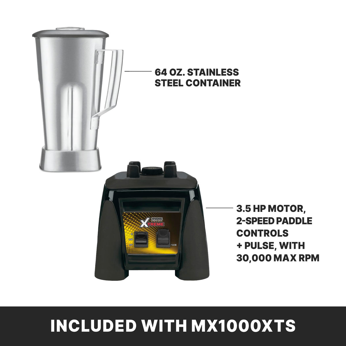 Blender with Paddle Switches & 64 oz. Stainless Steel Jar by Waring – 64 Ounce Stainless Steel Container, 64.0 fluid_ounces, Plastic, Black, Model MX1000XTS