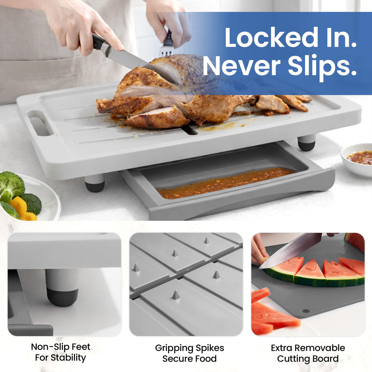 Karving King Carving Board with Drip Tray and Spikes, 20x13 Inch, Gray
