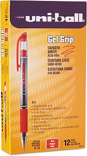 Uni-Ball 65452 Signo Gel Grip Roller Ball Stick Pen, Red Ink, Medium, Dozen