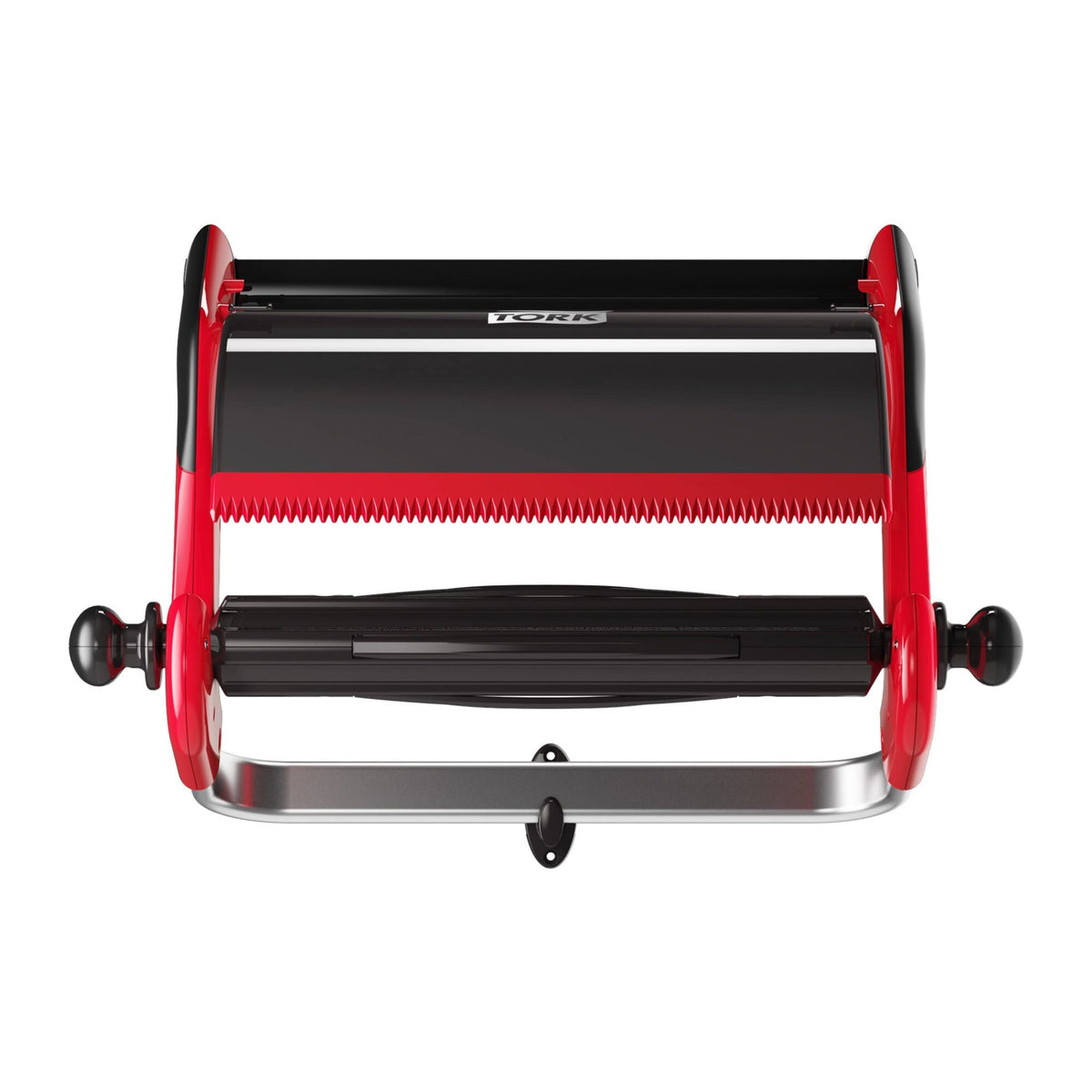 Wall Mounted Giant Roll Wiper Dispenser Red W by Tork – W 25.43in. H 18.23in. D 10.79in., Fiber Glass, Metal, Red/Smoke, Model 6521281