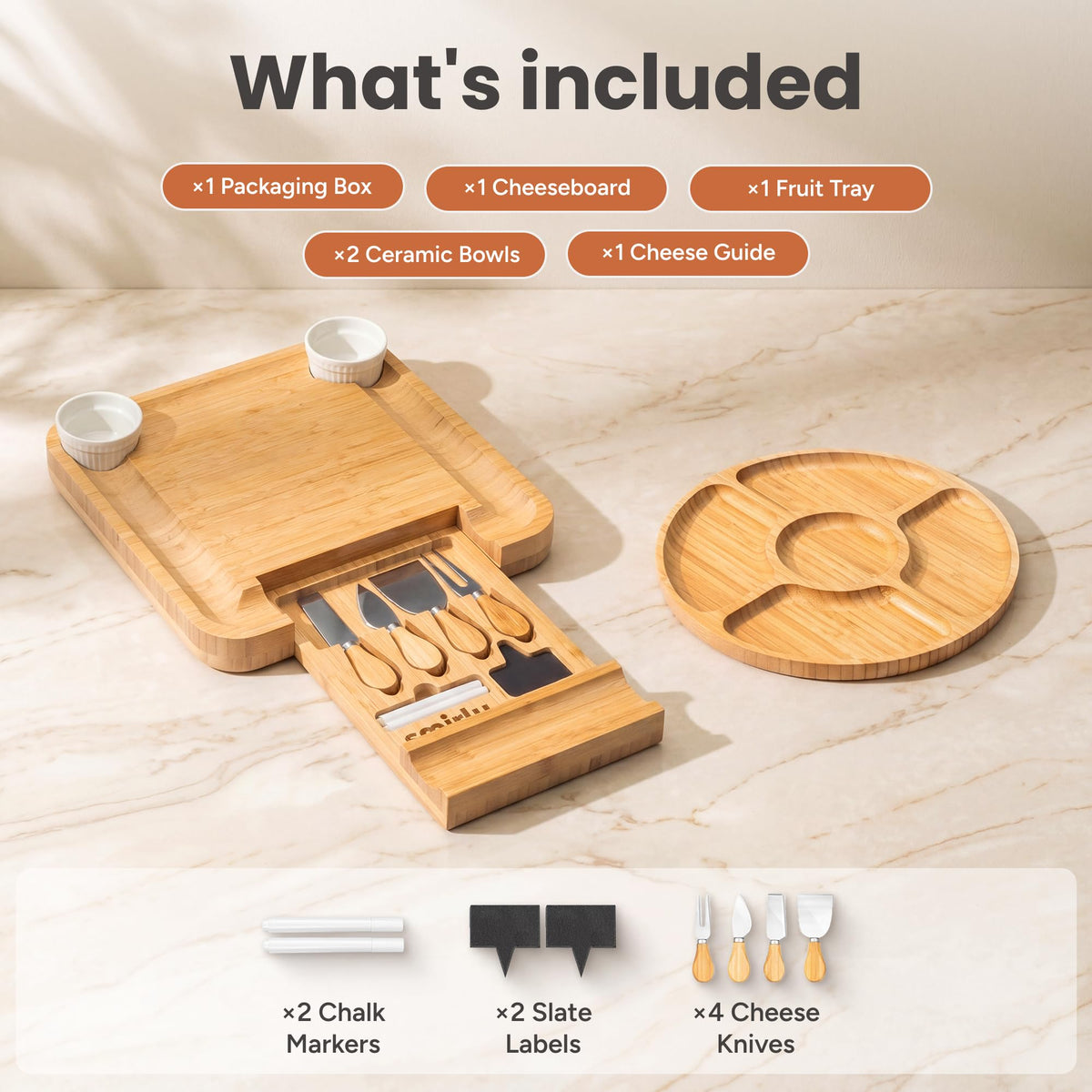 Smirly Charcuterie Board Set, Bamboo Wood, 13 x 13 Inch