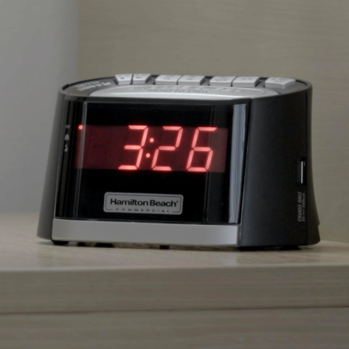 Hospitality Clock Radio Alarm Clock with USB Phone Charging Port by Hamilton Beach Commercial – Small, Plastic, Black, Model HCR410