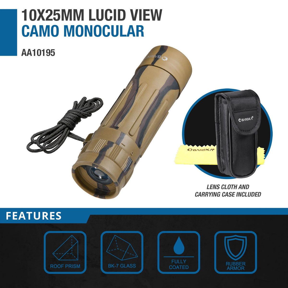 Lucid 10x25 Monocular Binocular (Camouflage) by Barska – Rubber, Camouflage, Model AA10194