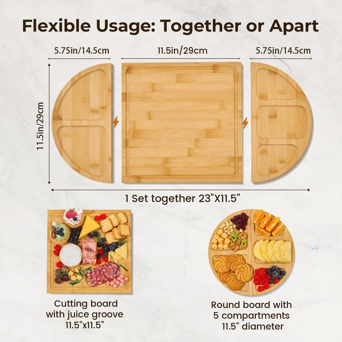 RosiRoli Bamboo Charcuterie Set, Magnetic 3-Piece Trays, Natural