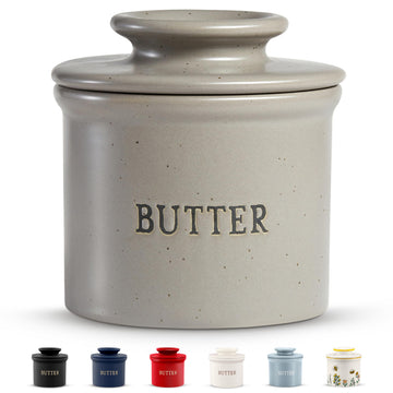 KooK French Butter Keeper, Ceramic Crock with Lid, Matte Speckled Grey