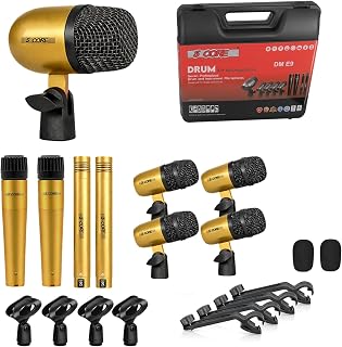 5 CORE 9 Piece Drum Microphone Set with 5 Dynamic Percussion Microphones Kick Bass, Tom/Snare and 4 Condenser Hi Hat & Cymbals Metal Mics w Thread Clip Mics Holder Gold