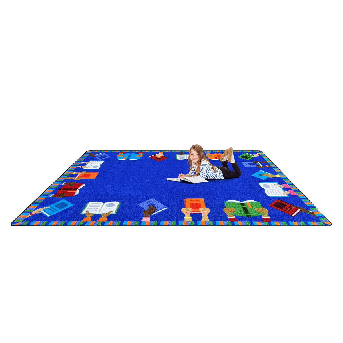 Raise Your Hands for Reading 5'4" x 7'8" Rug by Joy Carpets – 5'4" x 7'8" (Rectangular), Nylon, Blue, Model 1947C
