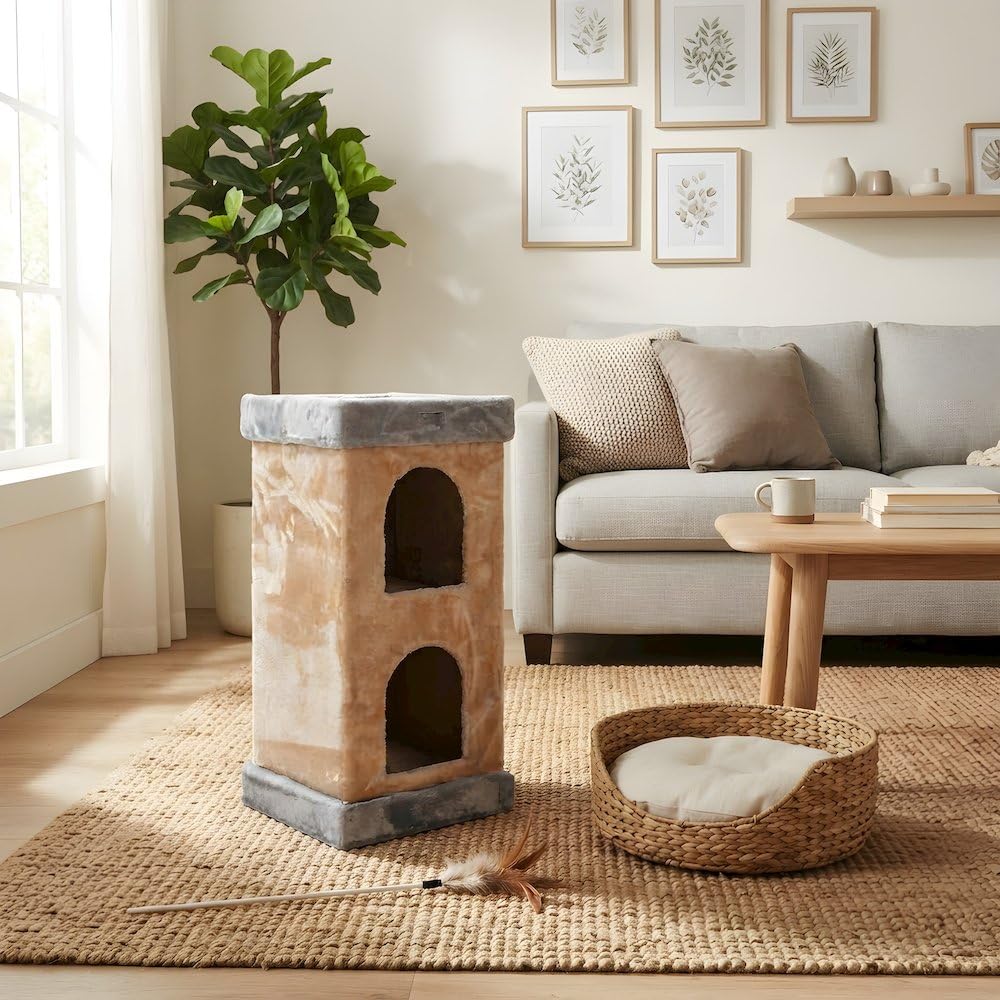 Pressed Wood Cat House with Sisal Scratching Carpet by Bison Pets – Engineered Wood, Beige