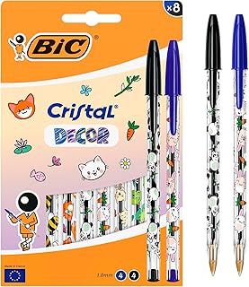 BIC Cristal Decors Kawaii Ball Pens Medium Point (1.00 mm) Blue and Black Ink - Assorted Kawaii Designs, Pack of 8