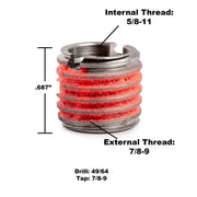 E-Z LOK 5/8"-11 IT, 7/8"-9 ET, 0.687" L / Pack of 5 / Red Thread Locking Inserts