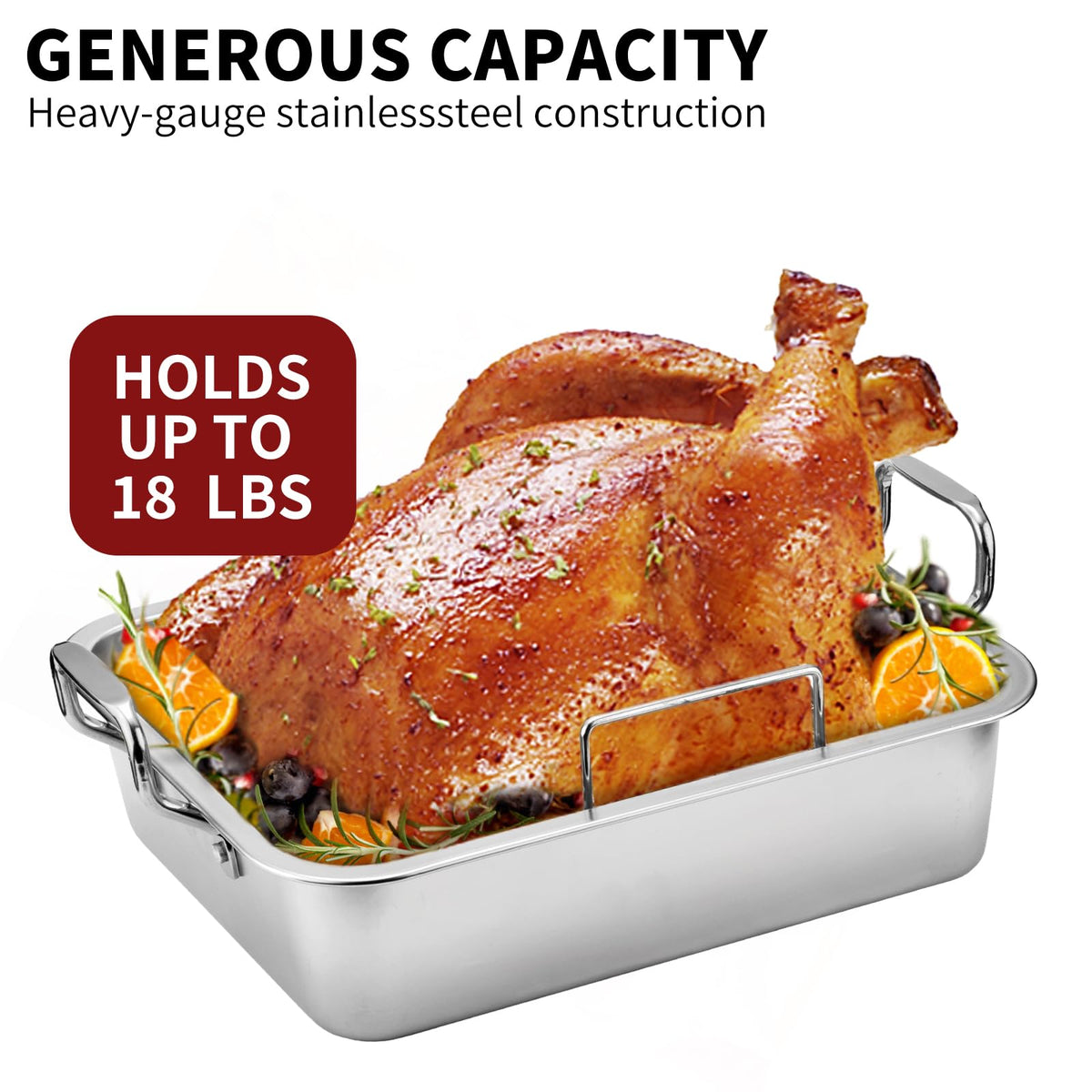 QPMR Roasting Pan with V Rack and Cooling Rack, Stainless Steel, 15 Inch, Silver
