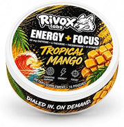 Rivox Focus Pouches, 15 Count Cans, Nootropic Supplement with Caffeine, L-Theanine and Theobromine, Zero Nicotine, Zero Sugar (Tropical Mango, 1 Can)