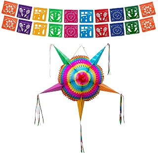 Mini Papel Picado Banner (Set of 2) + Mexican Piñata (Large 32 inches) - Papel Picado Small - Authentic Handmade Foldable Large Pinata - Fiesta Birthday Party Decorations