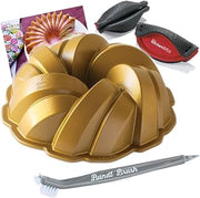 Braided Bundt Cake Pan 75th Anniversary - Tool & Holder Set by Nordic Ware – Large, 12.0 cups, Aluminum, Gold, Model NOBP1550