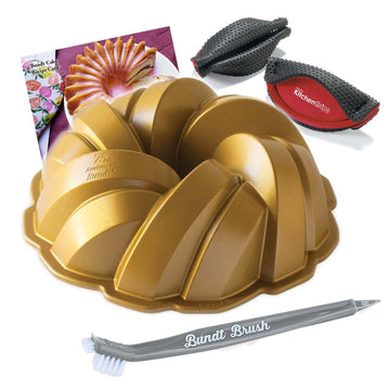 Braided Bundt Cake Pan 75th Anniversary - Tool & Holder Set by Nordic Ware – Large, 12.0 cups, Aluminum, Gold, Model NOBP1550