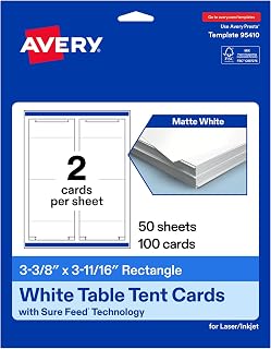 Avery Printable Rectangle Table Tent Cards, 3-3/8" x 3-11/16", Matte White, Sure Feed Technology, Print-To-The-Edge Capability, Laser/Inkjet Compatible, 100 Total, Ideal for Packaging, and Displays