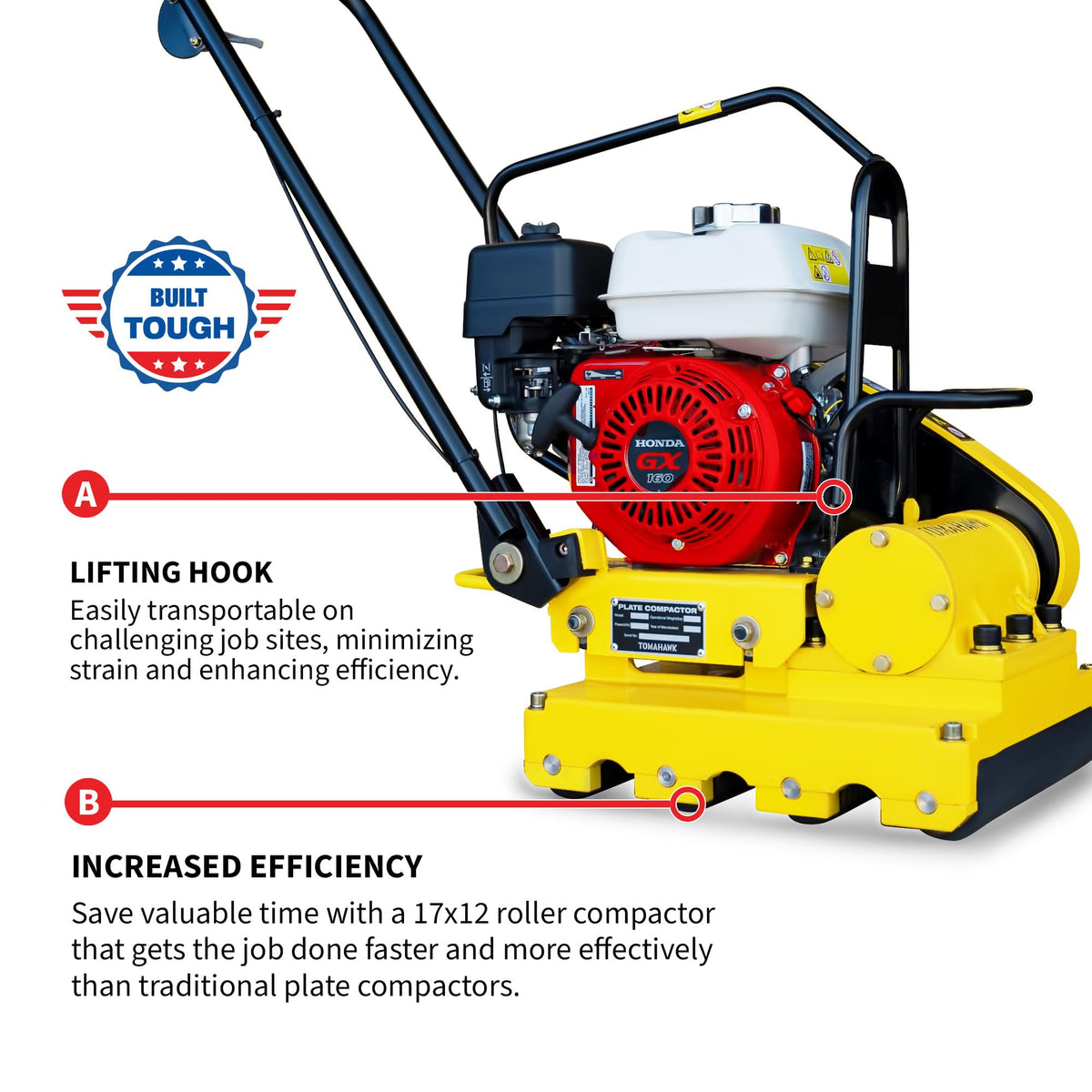 5.5 HP Honda Paver Roller Compactor 17x12 for Pavers by Tomahawk Power – Metal, Yellow, Model TPRC76H