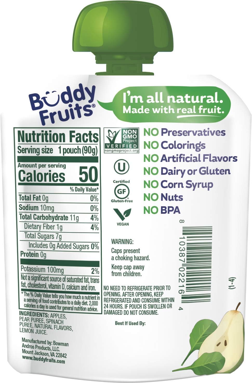 Buddy Fruits Pear & Spinach / 3.2 Ounce (Pack of 18) / 1 Applesauce