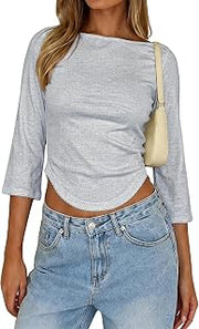 Women Y2K 3/4 Sleeve Boat Neck Crop T Shirt Basic Going Out Tee Tops