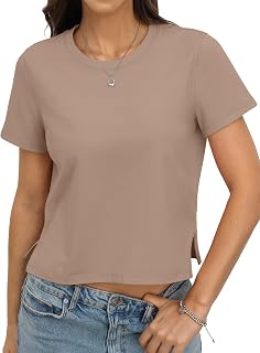 Womens Cotton Short Sleeve T Shirts Loose Fit Crop Tops Basic Tees