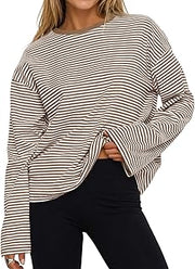 Womens Oversized Striped Long Sleeve Shirts Crew Neck Cotton Tops
