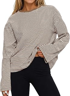 Womens Oversized Striped Long Sleeve Shirts Crew Neck Cotton Tops