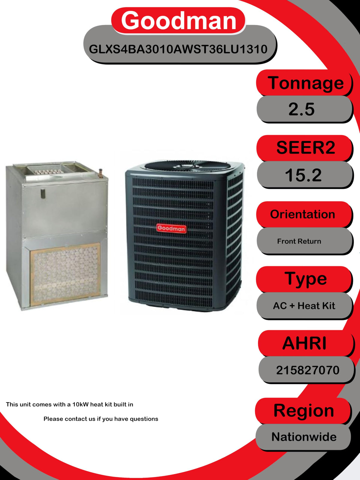2.5 Ton 15.2 SEER2 R-32 Central Air Conditioning System with Wall-Mount Air Handler & 10 kW Electric Heat (GLXS4BA by Goodman – 2.5 tons, Gray, Pack of 2