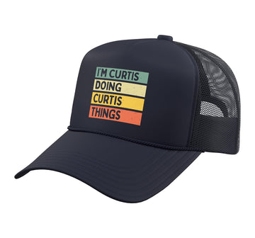 I'm Curtis Doing Curtis Things Funny Personalized Quote Trucker Hat with Adjustable Mesh Back by Personalized Gift Ideas Curtis – Polyester, Navy Blue