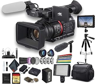 Panasonic AG-CX350 4K Camcorder & Monitor Bundle | For Professional Video + LED Light + 128GB Memory Card + Tripod + Case + More