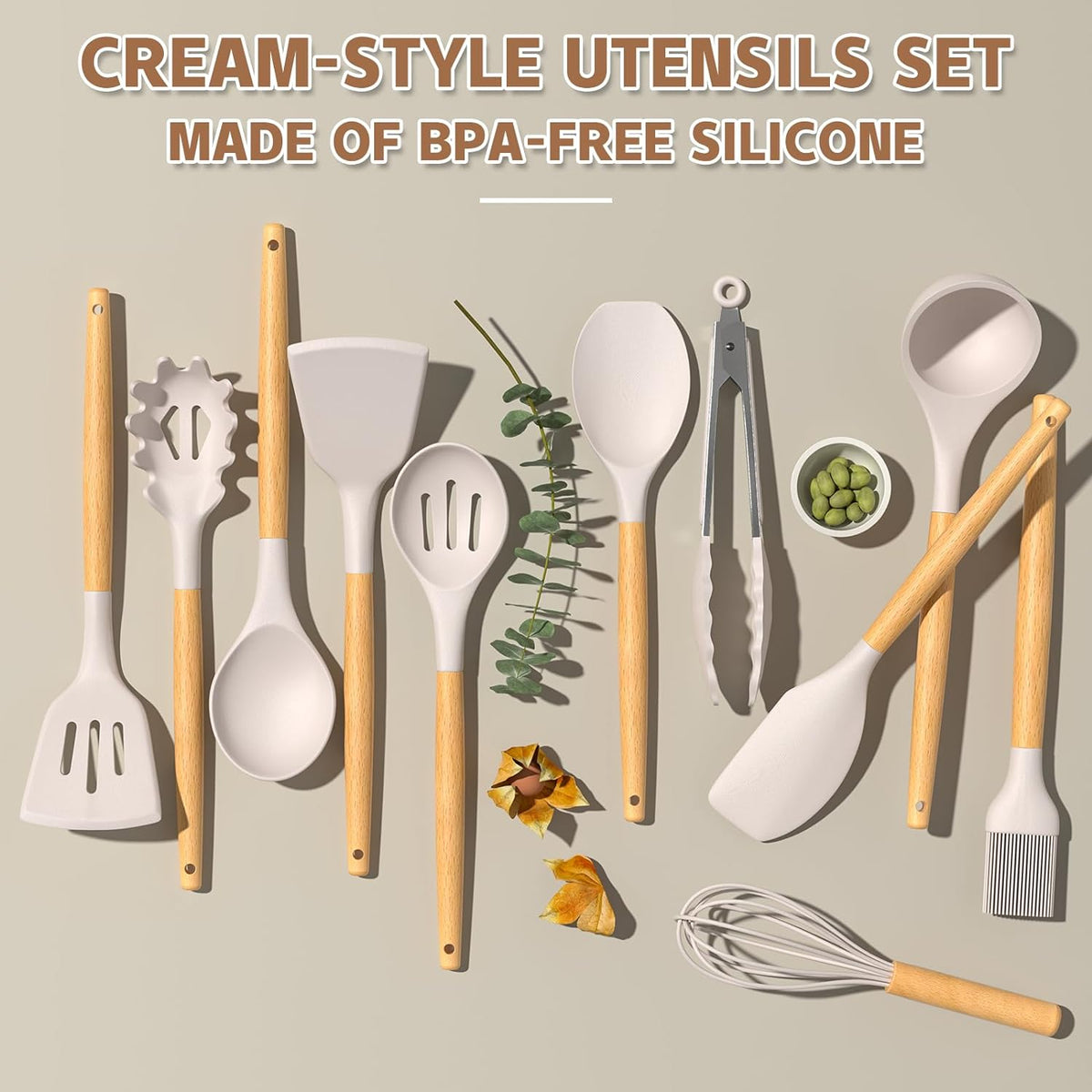 Umite Chef Silicone Utensil Set, 33 Piece with Wooden Handles, Khaki