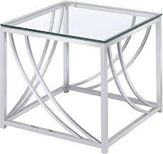 Furnifact Metal Glass Top End Table with Square Frame, Small Side Table and Accent Table for Living Room Corner, Chrome