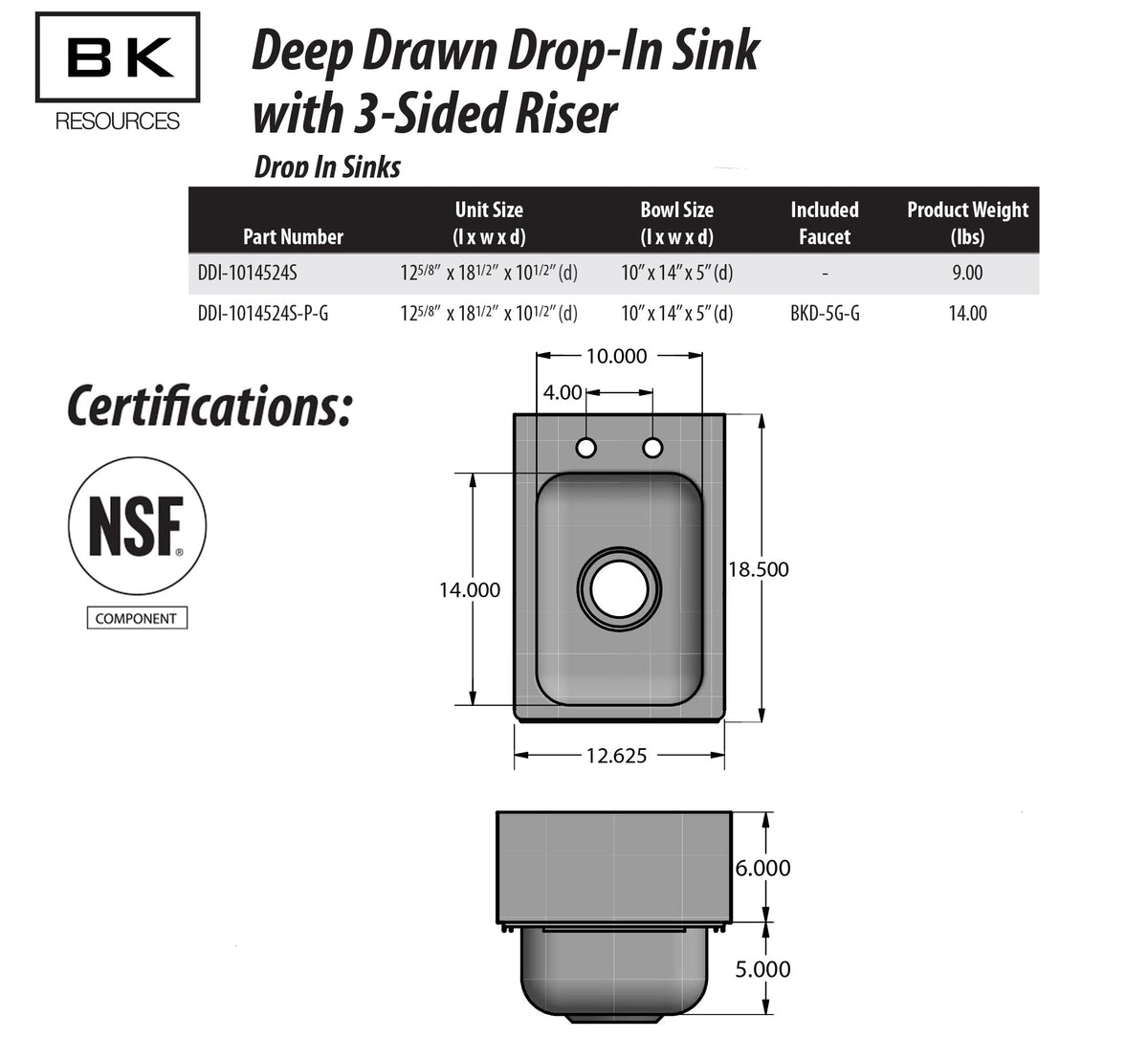 BK Resources NSF Commercial One Compartment Drop in Sink with Faucet – 10 x 14 x 5 inches, Stainless Steel, Silver, Model DDI-1014524S-P-G