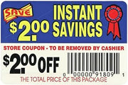 Coupon Labels $2.00 Off Instant Savings - 3" L x 2" H 250 Per Roll