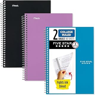 Five Star Spiral Notebooks, 3 Pack, 2 Subject, College Ruled, 9 1/2" x 6", 80 Sheets, Black, Tidewater Blue, Amethyst Purple (840029C-ECM)